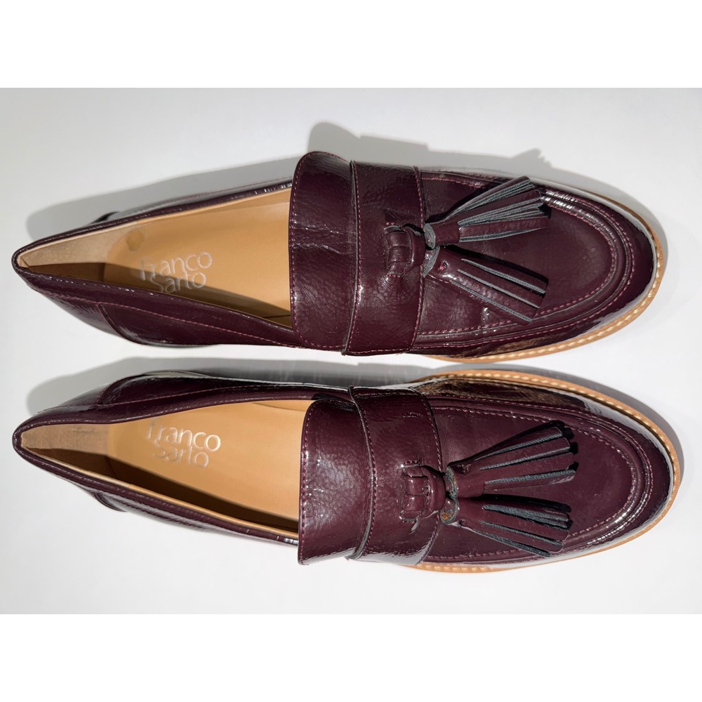 Franco Sarto Womens Burgundy Patent Tassel Lug Sole Loafers Crinkle Leather - Picture 4 of 5